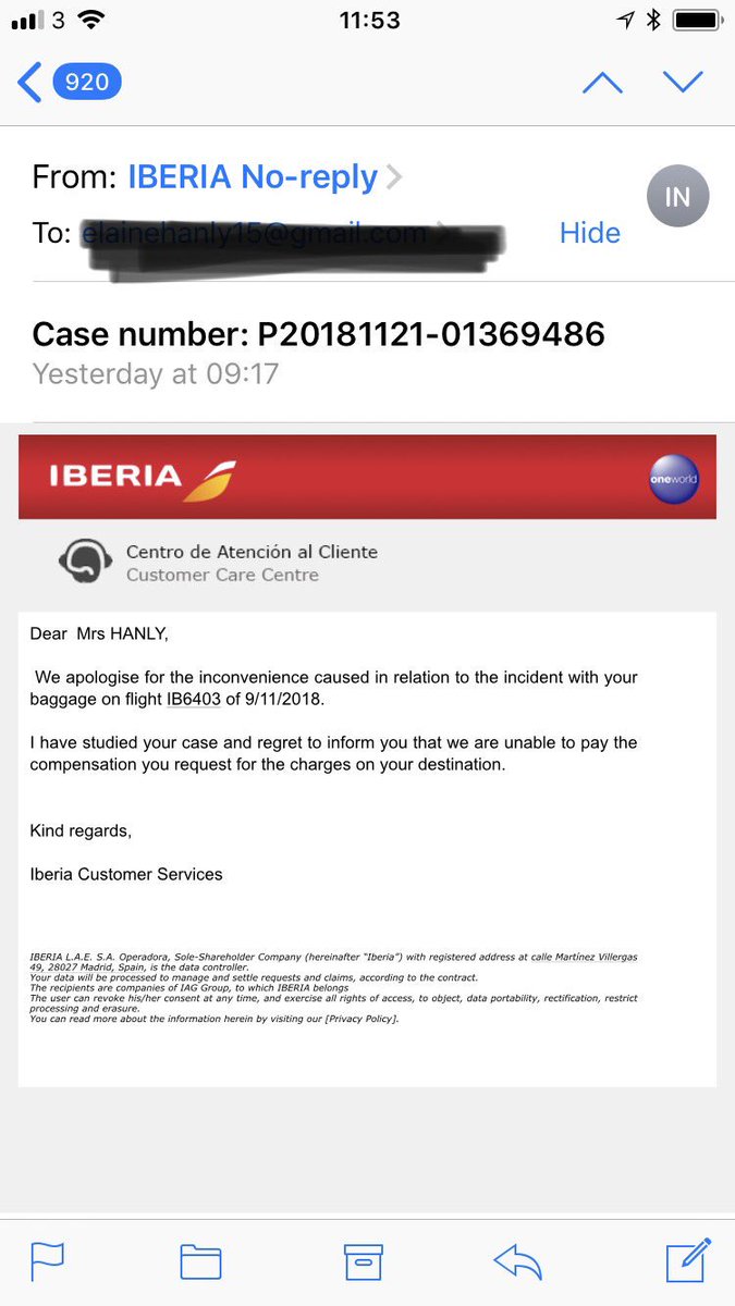 hanly15's tweet photo. @Iberia_en I just received this “no reply” response from your team. Please can you advise why you are “unable” to reimburse taxi expenses we incurred purely to collect luggage that you lost? Absolutely unacceptable. https://t.co/pI3evgWWZO