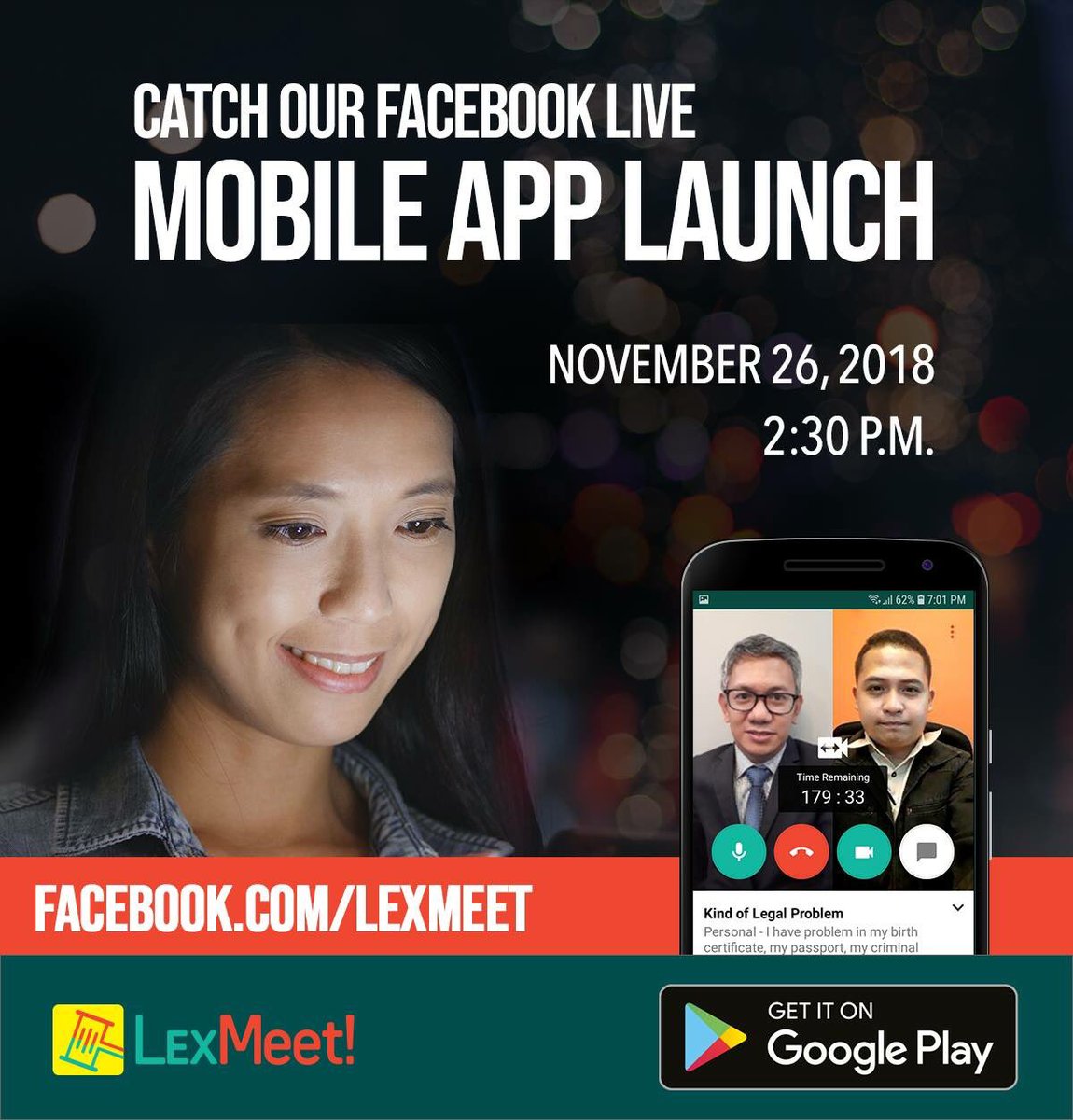 LexMeet's tweet photo. Watch our MOBILE APP LAUNCH
on FACEBOOK LIVE tomorrow
Nov. 26, 2017 | 2:30 P.M.
https://t.co/O4CyehSTcV
DOWNLOAD the APP on Google Play
https://t.co/nw5k13Tees #lexmeet #bar2017 #BAR2018 #Bar2018 https://t.co/Ui5cHKSEsw