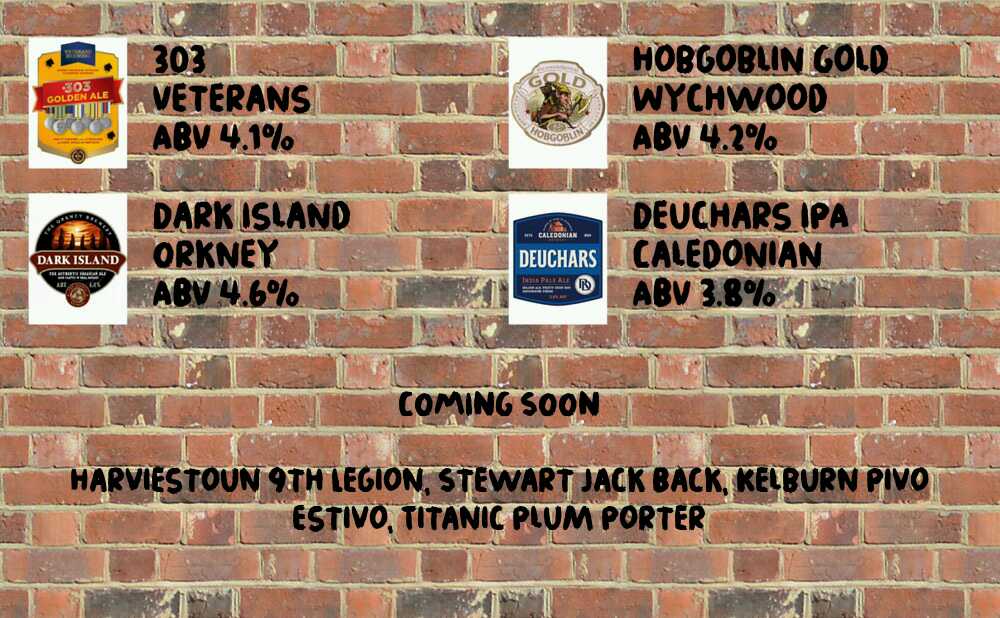 On the bar today!
Beer Board: goo.gl/RF4Dvv

<a href="/VeteransBrew/">Veterans Brewing Ltd</a>  @Hobgoblin_beer @orkneyales <a href="/caledonianbeer/">Caledonian Beer</a>
#RealAleFinder <a href="/CAMRA_Edinburgh/">Edinburgh CAMRA</a>