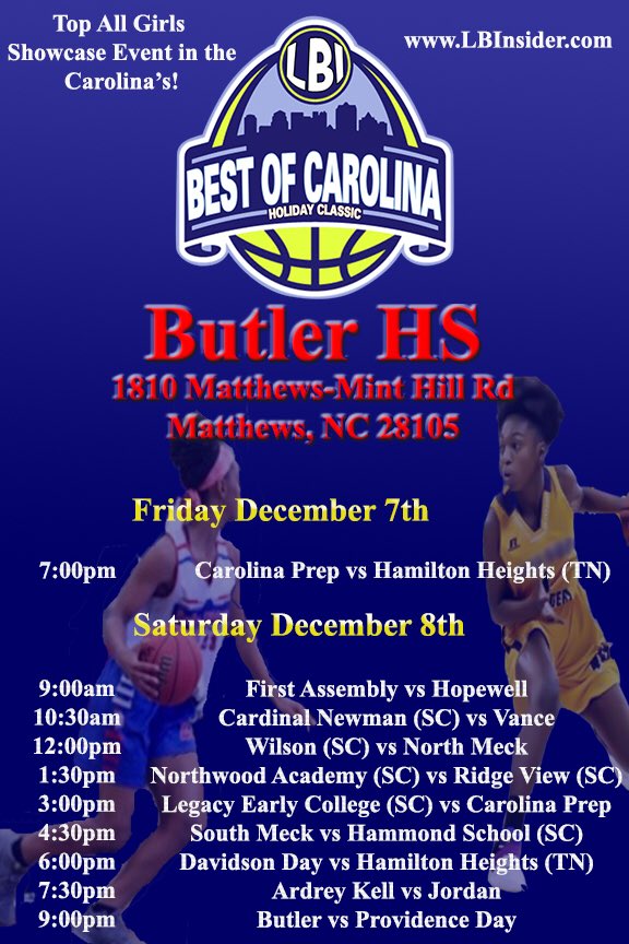 LBI_Carolina's tweet photo. Best of Carolina Holiday Classic

📆 Dec 7-8
📍 Matthews, NC
🏛 Butler HS

🎥 @LBI_Steve 
🎥 All games live streamed by @PassThaBall 

📝 @LBI_CoachDave 

Sponsors: @Georgia_Metros &amp; @hoopaville 

Schedule ⬇️⬇️⬇️ https://t.co/xSkOKkHVTU