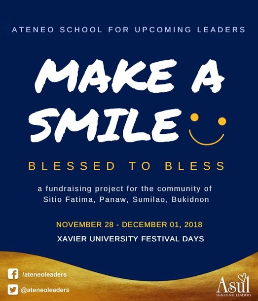 ateneoleaders's tweet photo. This coming XUFD, ASUL Batch 10 will launch their fundraising project, Make A Smile: Blessed To Bless, for the community of Sitio Fatima, Panaw, Sumilao, Bukidnon!
Watch out and stay excited! π
#ASUL10 #BlessedToBless https://t.co/9m0oOUWWCT