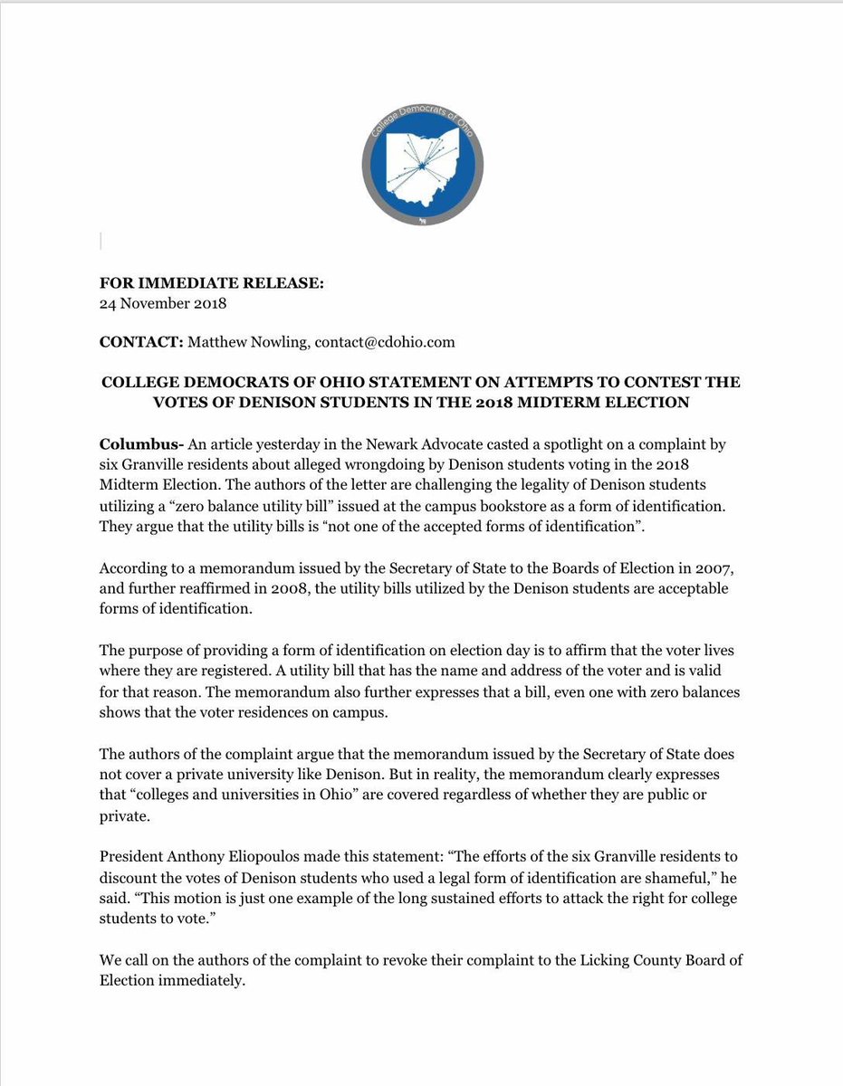 CollegeDemsOhio's tweet photo. “This motion is just one example of the long sustained efforts to attack the right for college students to vote”. 

In case you missed it, check out the statement below regarding efforts to contest the votes of students at Denison University in the 2018 Midterm Elections. https://t.co/Eex3ljefOe