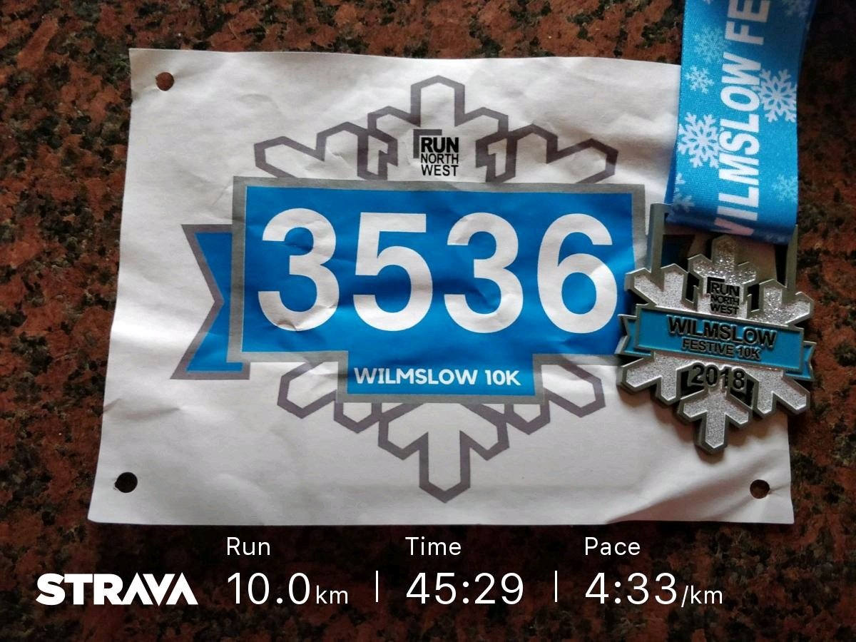 Last race of the year at #WilmslowFestive10k, another PB by a good couple of minutes 🎉😁. Not sure which I enjoyed more, the fabulous run or the mahoosive KFC I scoffed afterwards! 😂 strava.app.link/NRg3xyOk8R