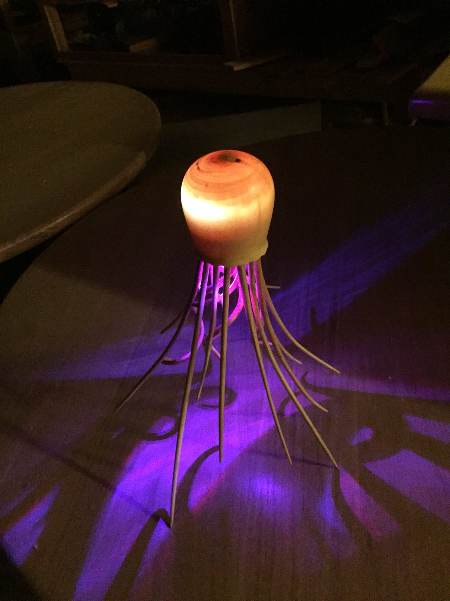 FARcabinetmaker's tweet photo. My finished jellyfish sculpture! I used led colour changing lights to make it glow! #lathe #turning #turner #woodturning #woodturner #woodwork #woodworker #machinery #workshop #scotland #art #artist #sculpture #challenge #woodmagic #magic #sea #jellyfish #wildlife https://t.co/vfBwayNTPu