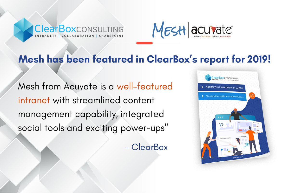 BotCore_AI's tweet image. Have you checked out ClearBox Consulting Ltd SharePoint intranets in-a-box report 2019 yet? We&apos;re pleased to share that our AI-Powered intranet - Mesh has been featured in it!
Purchase your copy here: lnkd.in/fKaz-rJ

#Intranets #SharePointIntranets #Digitalworkplace