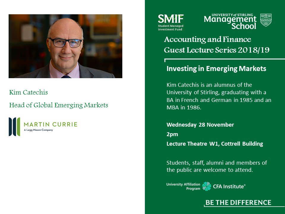 IsaacTabner's tweet photo. All welcome to public lecture Wed. 28th Nov. 2.00pm, Lecture Theatre W1. By @StirManSchool alumnus Kim Catechis @StirlingUniSMIF @StirUniNews @JonSBeckett #investing #emergingmarkets @StirAlumni https://t.co/hhzOQlnNmC