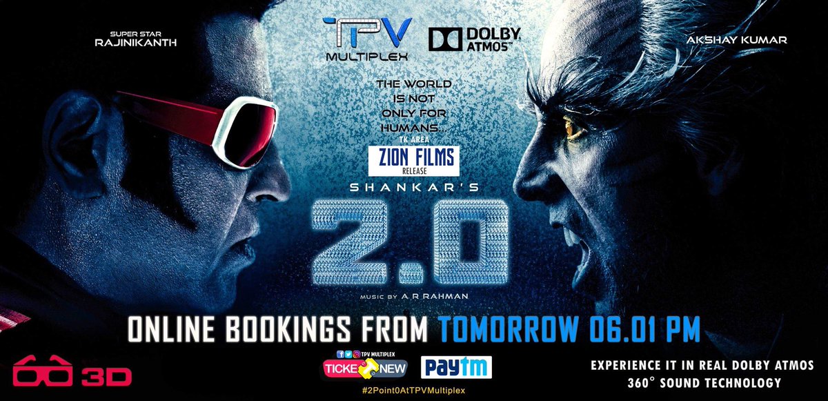 TPVMultiplex's tweet photo. #CinemaLovers & #Thalaivar fans, here is the most awaited moment
Bookings for our #Thalaivar #Superstar @rajinikanth #2Point0 ll commence from 6:01PM tom๐
2.0 is going to have the most grandeur release in @TPVMultiplex in #TKArea๐
#2Point0AtTPVMultiplex #2Point0WithZionFilms https://t.co/HXsqExyJXw