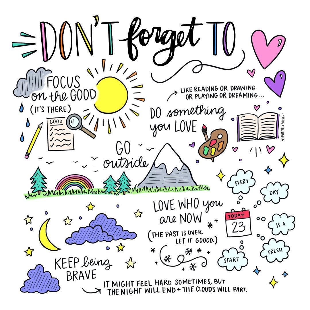 "Don’t forget to:
☀️ Focus on the good
🎨 Do something you love
🌲 Go outside
👍 Love who you are now
💜 Keep being brave" ~ <a href="/actionhappiness/">Action for Happiness</a>