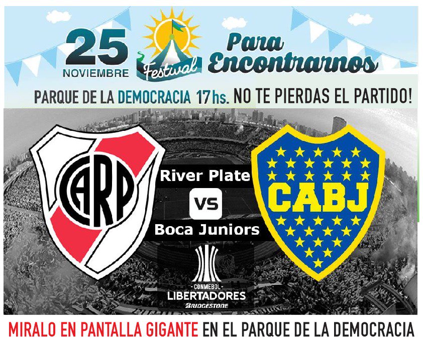 Esta tarde, también seguimos la gran final de la #CopaLibertadores entre #River y #Boca en el #ParqueDeLaDemocracia. Desde las 17, vení a disfrutar de una gran fiesta al aire libre con el #FestivalParaEncontrarnos. Entrada libre y gratuita.