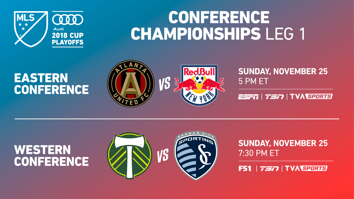 MLS's tweet photo. #UniteAndConquer 🆚 #RBNY
#RCTID 🆚 #ForGloryForCity

Who ya got in Leg One of the Conference Championships?! https://t.co/GwyqRoGObz