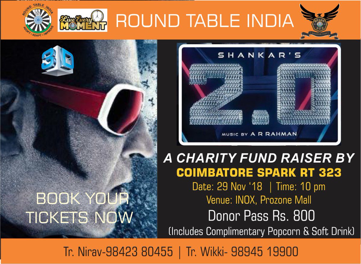 NvnRjn's tweet image. Donor passes for the First-day 10 PM show @INOXMovies @Coimb_Prozone Mall, #Coimbatore for the 3D screening of @rajinikanth&apos;s #2Point0 movie available. Donor passes are ₹800 including a snack combo of popcorn + soft drink. Proceeds go to charity. #Robot2 #Superstar #Rajinikanth
