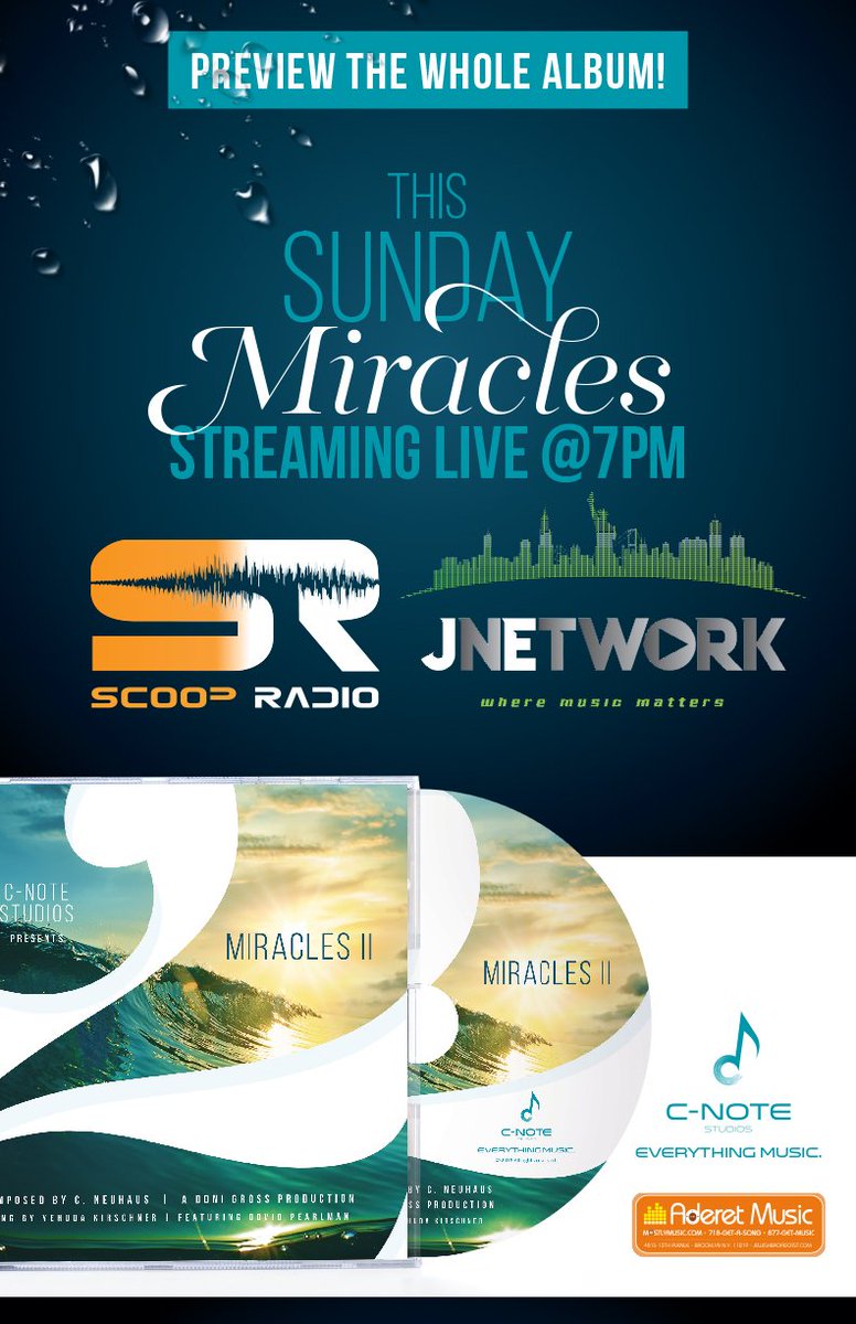 JE_Network's tweet photo. Tune in @ 7pm EST TODAY to preview the WHOLE album of the new upcoming #Miracles2 album starring soloist Yehuda Kirschner and feat. @dovidpearlman by #CnoteStudios ONLY on the @JE_Network #ScoopRadio @LakewoodScoop https://t.co/fD9LvFuM1i