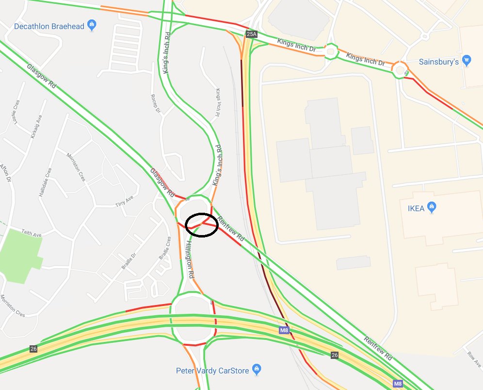 trafficscotland's tweet photo. ❗️NON TRUNK INFO❗️14:05⌚️
A bus has broken down on the roundabout between the #A8 and #A736 just off J26 of the M8, this will cause delays in the area so please #LeaveTime
#Glasgow https://t.co/MsFVVeQQHX