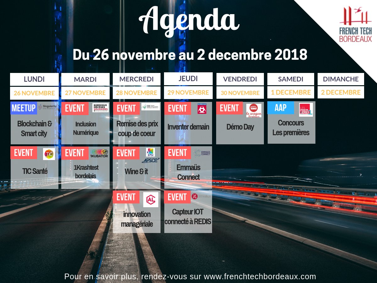 FrenchTechBdx's tweet photo. 🗓️ Vos évènements de cette semaine avec @singularityu, @1KBordeaux, @BordeauxMecenes, @EmmausConnect, @EPSI_Bordeaux, @LeWagonBordeaux, @LesPremieresNA...

🔎 Détails et inscriptions > https://t.co/VwZ7QDspju https://t.co/jHsSMNQUyO