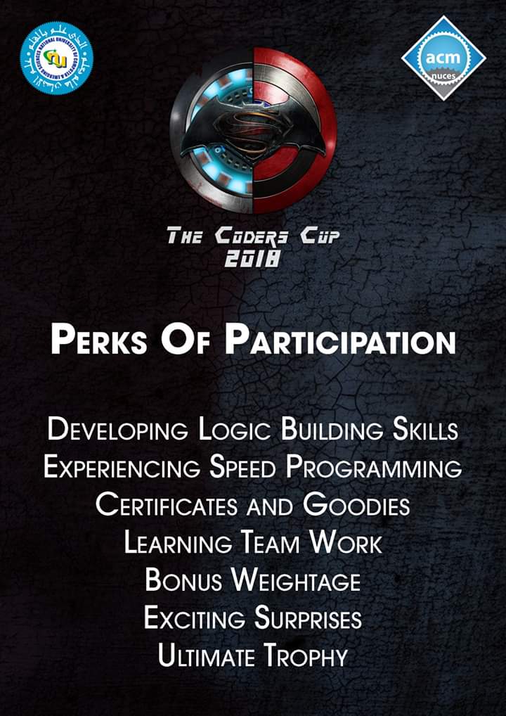 acmnuceskhi's tweet image. Coders Cup brings to you an opportunity to experience the thrill and addiction of coding while enjoying multiple benefits. 
Are you ready for it?
Registration link: coderscup.acm.khi.nu.edu.pk
#CodersCup2018 #CodeToConquer #ACMNUKhi