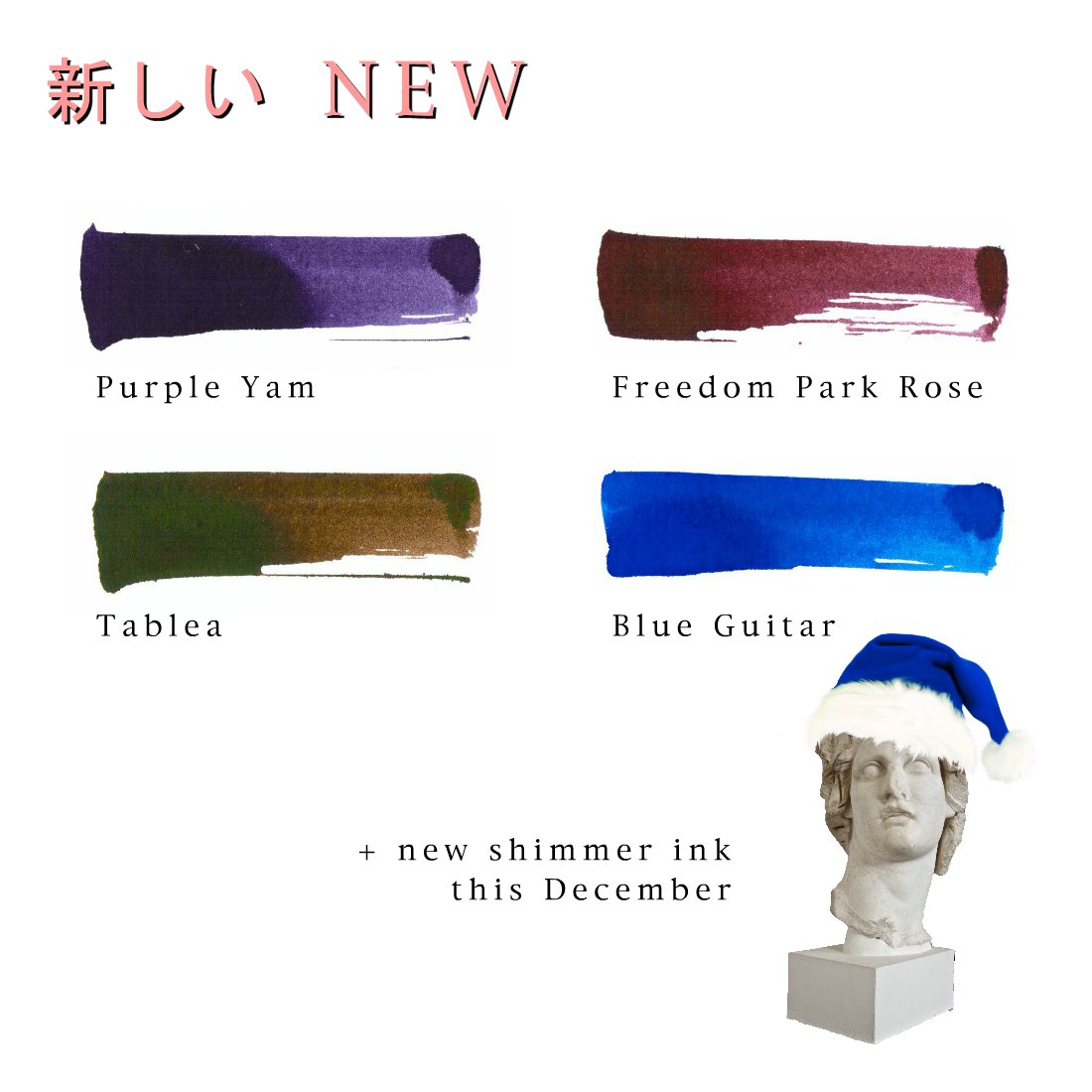 tmkrinks's tweet photo. We're greeting the holiday season with four new regular inks and an all-year-round shimmer Christmas ink to follow! Don't forget to send your loved ones greeting cards written with these winter-cold colors. ❄️🌨️
#fountainpen #ink #christmas #holidays #winter https://t.co/8dakTFfFCR
