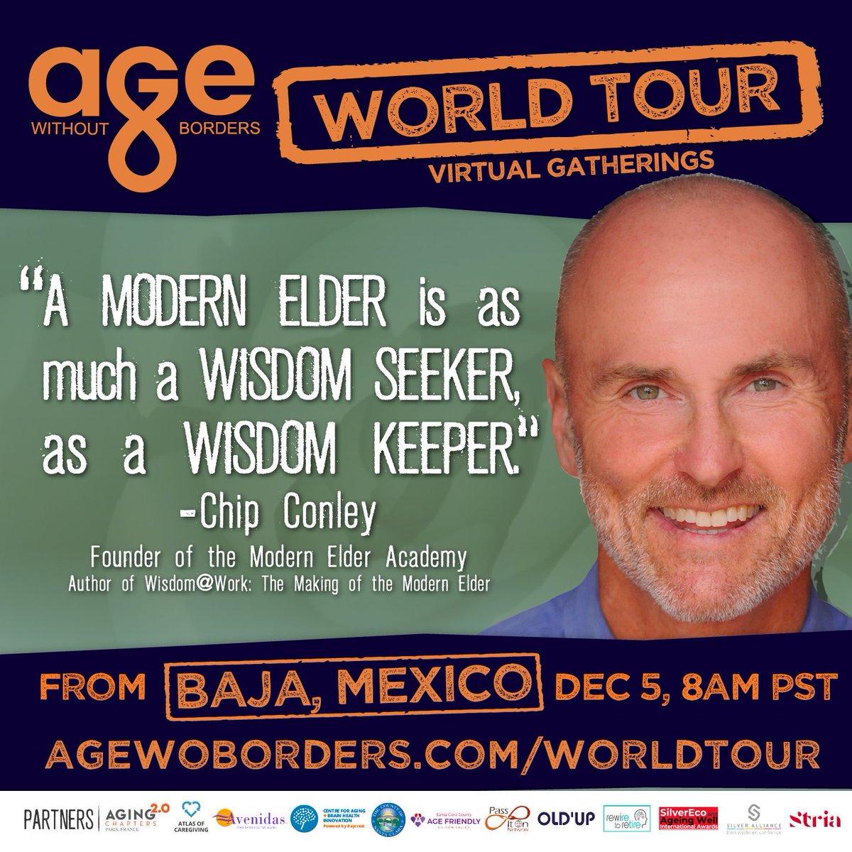 agewoborders's tweet photo. What's the @agewoborders WORLD TOUR? 1H INTERACTIVE VIRTUAL GATHERINGS
where leading professionals in #longevity share INSIGHTS and
NETWORK from all across the WORLD! Register now to our next virtual stop featuring @chipconley and others disrupting #aging! https://t.co/2VOmAbVMRs https://t.co/E5eGLxGtKb