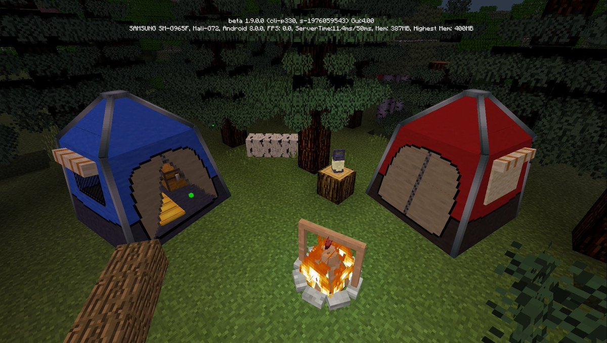 real_cr21's tweet image. "Outdoor Escape" add-on featuring the "Aesthetical PE" mini shader are now available for download on Voxelspot.

Tents and sleeping bags
-6 variants, blue, red, yellow, green, silver, and orange

Log bench
-6 variants, all wood types, 2 seats available

Fireflies, lamps, etc.