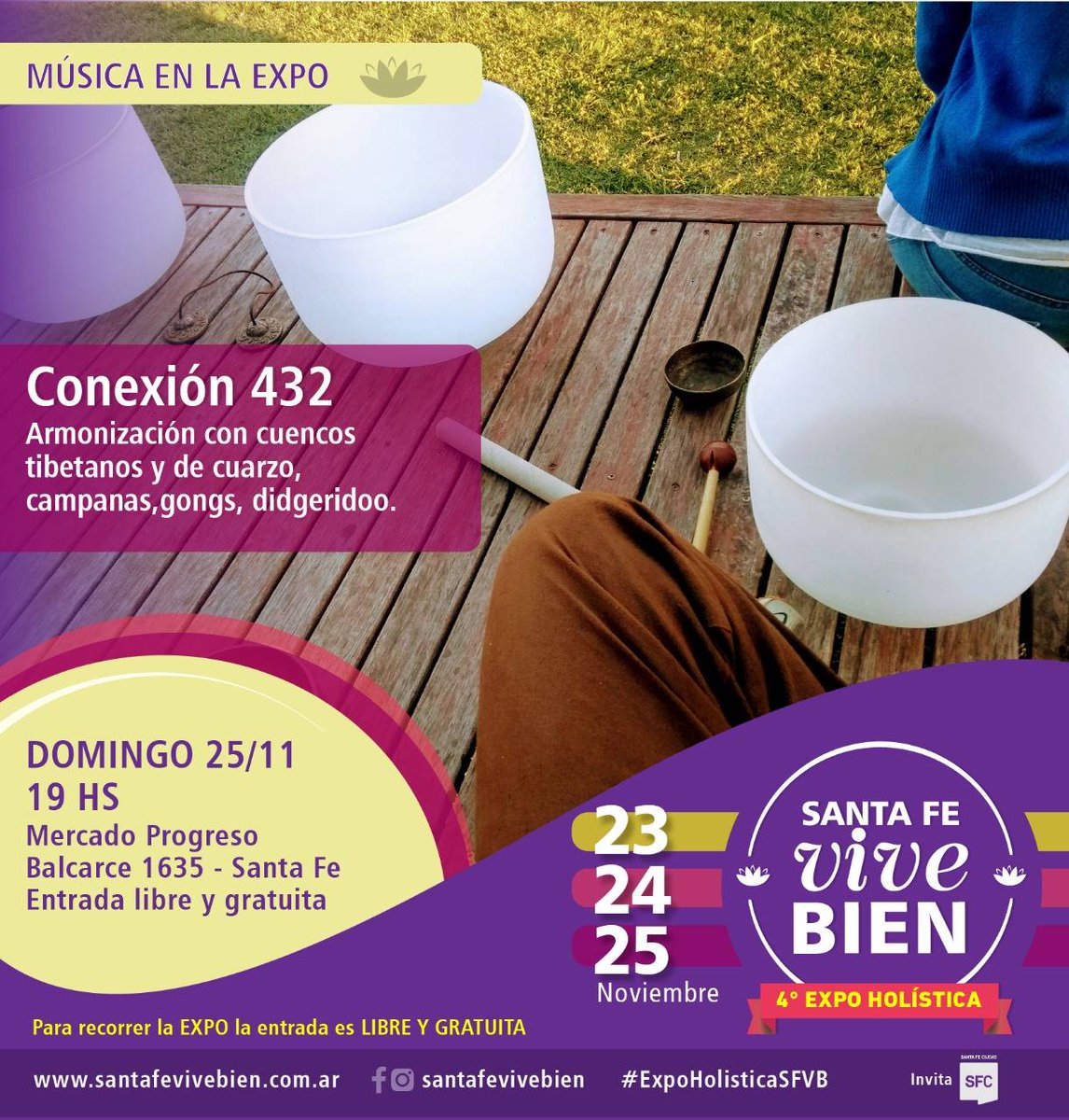 santafevivebien's tweet photo. A las 19 hs realizaremos una #Meditación con #cuencos.
Te esperamos junto a #Conexion432 en el #MercadoProgreso 
.
#ExpoHolisticaSFVB https://t.co/DuxjSTIyMn