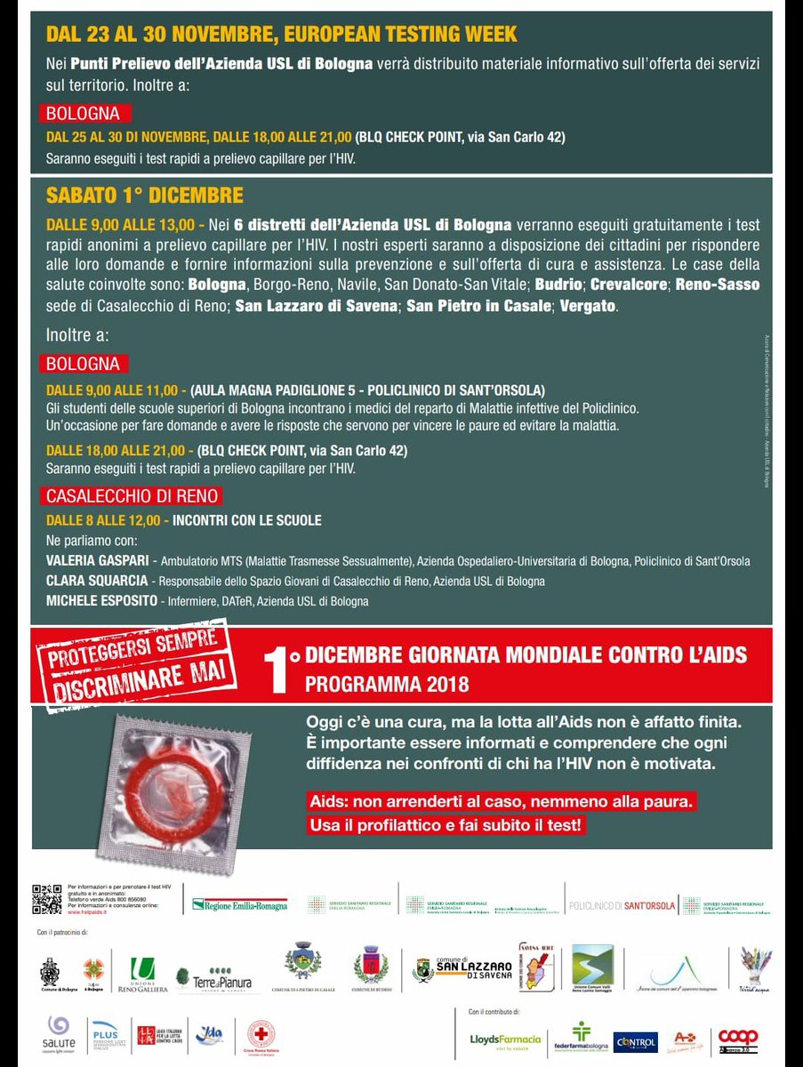 PreservatiU's tweet photo. Per la Giornata Mondiale contro L'AIDS nei distretti dell'Azienda USL di Bologna verranno eseguiti gratuitamente TEST RAPIDI e ANONIMI per L'HIV. Anche noi saremo attivi, in prima linea, sabato prossimo e presto vi sveleremo i dettagli 💪🏻 @mktsociale #preservati #unibo #compass https://t.co/aP0DWKTpw7