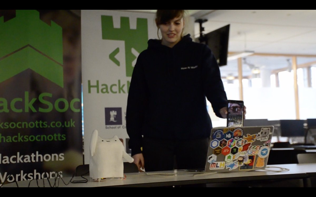HackNotts's tweet photo. Jeffery the hardware hack reveals... Bongo Cat!!! Video will be uploaded after presentations :) #HackNotts https://t.co/B9pfc7c5K0
