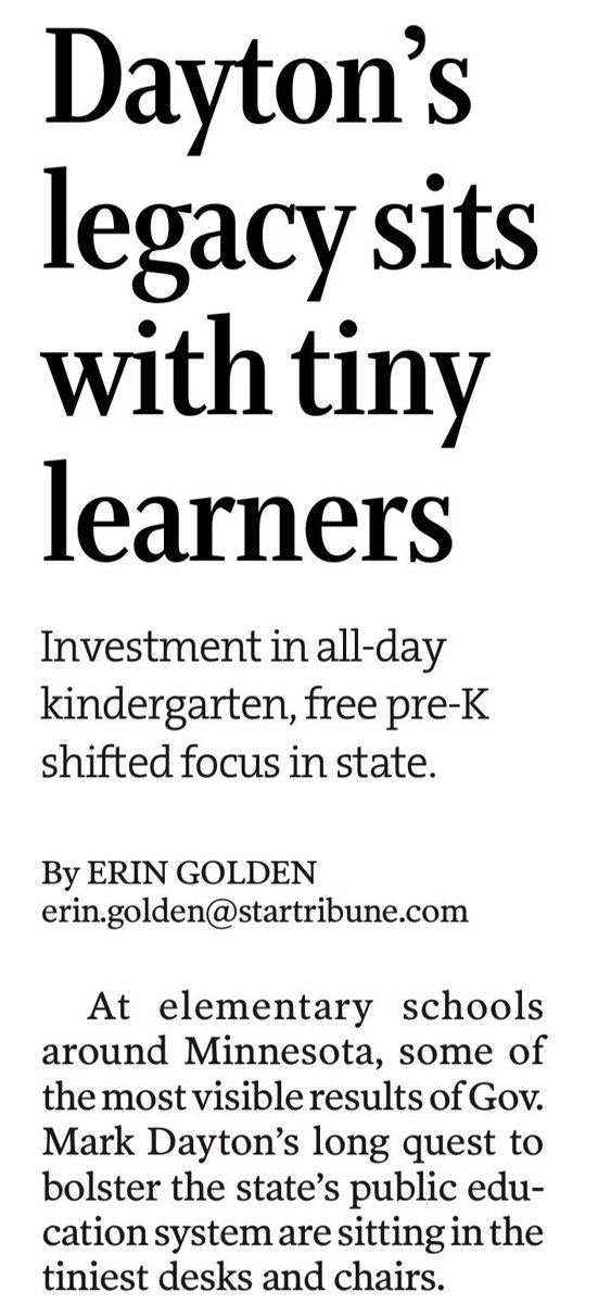 MattSwenson's tweet image. Front page of the Sunday @StarTribune —&amp;gt; 

“@GovMarkDayton’s legacy sits with tiny learners; Investment in all-day Kindergarten, free pre-K shifted focus in state”

READ MORE: startribune.com/gov-mark-dayto…

#BetterMN #mnleg