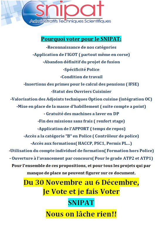 BENOITSNIPAT's tweet photo. Pourquoi voter #SNIPAT ?
Puisqu'il faut des raisons pour rassembler l'ensemble des collègues #ATPN #TECHNIQUES #CRS #ENP #DDSP, voici quelques revendications, Nous on lache rien https://t.co/uQTdE9g1j8