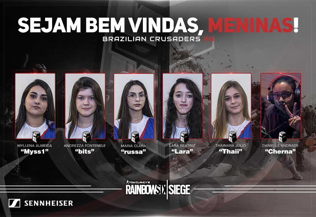 BRCesports's tweet photo. SEJAM BEM VINDAS, MENINAS!

É com muito prazer e carinho que apresentamos a nossa line-up principal de RAINBOW SIX SIEGE!

Com as incríveis @andrezza32bits, @MyssFortune, @Iamrussa, @larabeatrizms1, @thaii_xx e @ChernaR6 e o absurdíssimo coach @traknasdebanana.

E ai, #goBRC? https://t.co/4HpzAx37vG