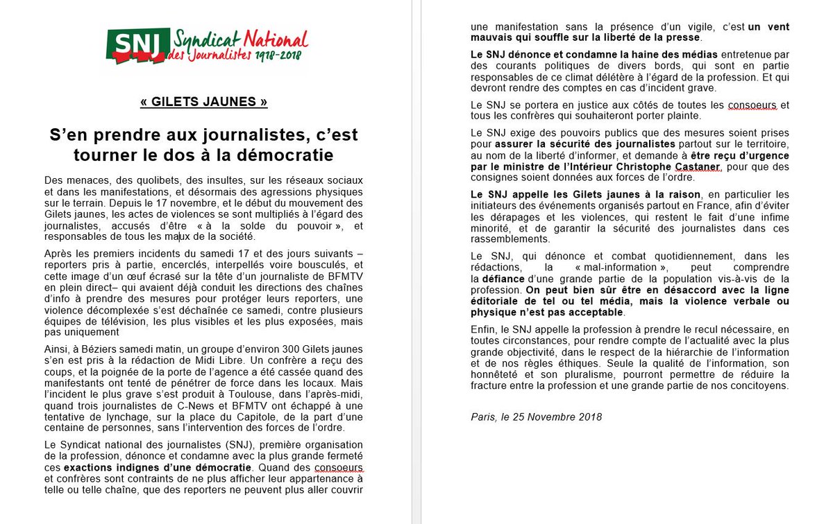 Gilets jaunes : s’en prendre aux #journalistes, c’est tourner le dos à la démocratie

snj.fr/article/gilets…