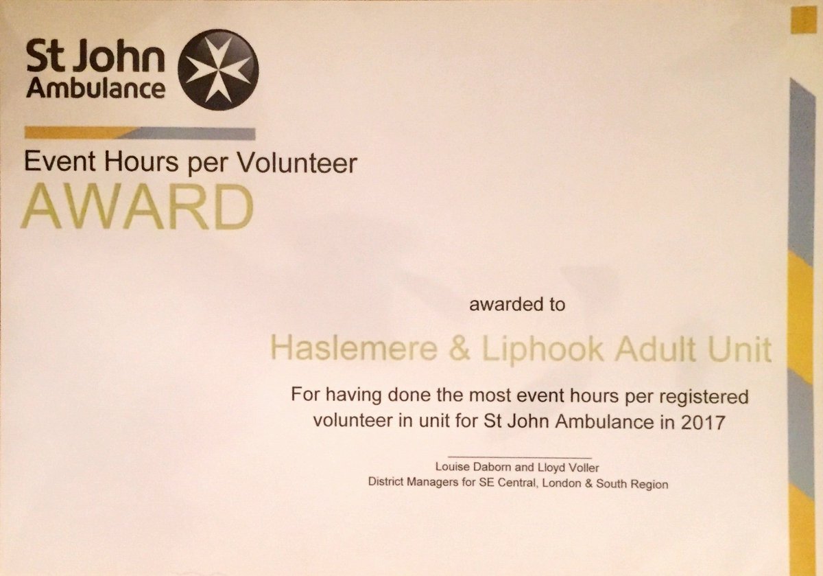 luke__simmonds's tweet photo. Incredibly proud of our #Haslemere and #Liphook @stjohnambulance volunteers for wining the award for the most event hours per volunteer for the 3rd year running. #HatTrick #volunteering #MySJADay #ProudUnitManager https://t.co/BizFvGHn9f