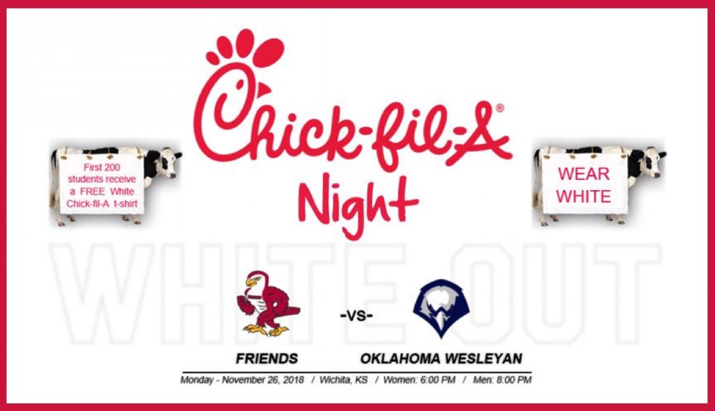 FriendsFalcons's tweet photo. 🚨TOMORROW NIGHT🚨

🗓 Monday, Nov. 26
🏀 vs Oklahoma Wesleyan
⌚️ Women: 6pm, Men: 8pm
📍 Garvey Center | Wichita, Kan.

Free White Out t-shirts for the first 200 students! 

#ChickFilANight #WhiteOut https://t.co/viUqTKZgFC