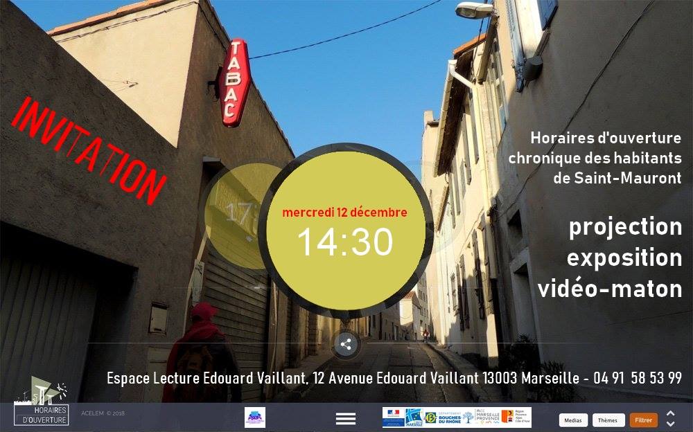 \!/ INVITATION \!/

Mercredi 12 décembre à 14h30 à l'Espace Lecture Edouard Vaillant . Restitution du projet "Horaires d'ouverture : mémoire vive de Saint Mauront". Au programme : Exposition photos. Projection des capsules numériques réalisées au cours du projet et Vidéo-mathon.