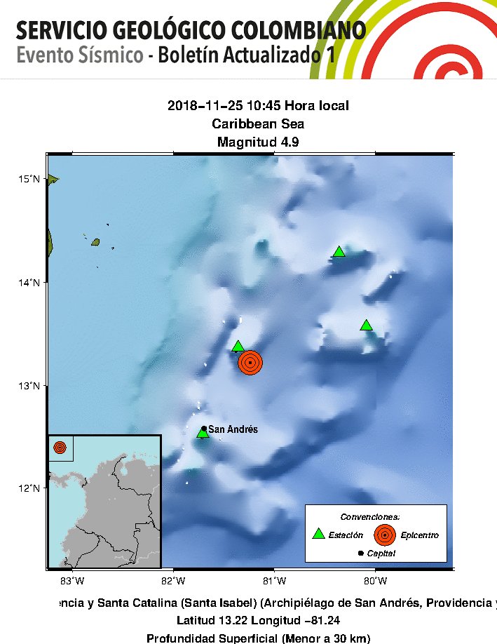 #Reportamos Evento Sísmico - Boletín Actualizado 1, 2018-11-25, 10:45 hora local. Magnitud 4.9, Profundidad Superficial (Menor a 30 km), Caribbean Sea #NoticiaEnDesarrollo #Temblor #Sismo ¿Sintió este sismo? repórtelo: sismosentido.sgc.gov.co/eis?id=SGC2018…