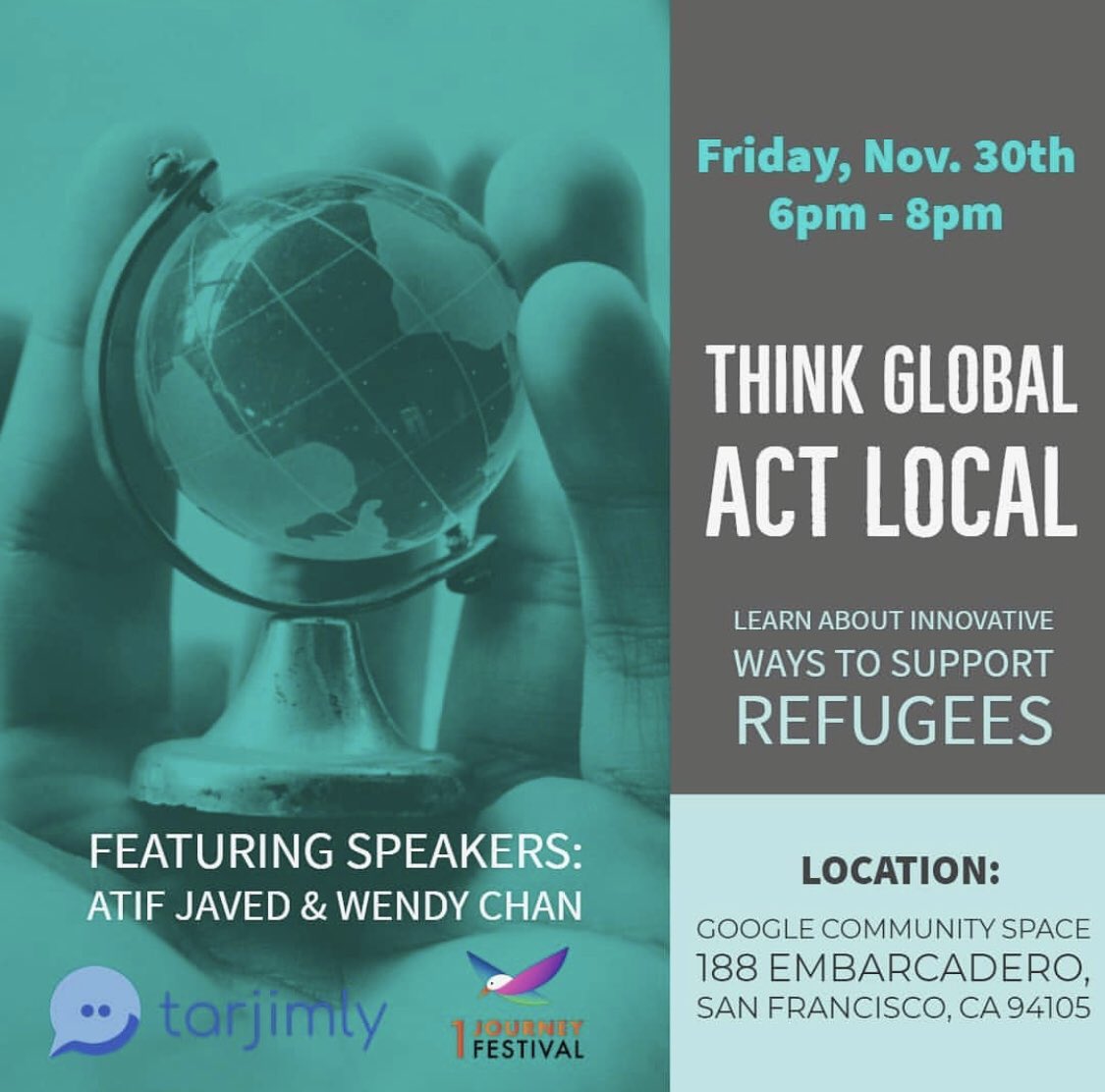 Interested in new ways to support refugees? Find out how YOU can help at One Journey's Think Global, Act Local event in San Francisco.
Our Co-founder, <a href="/RealAtifJaved/">Atif Javed</a>, will be speaking and you can get a free ticket at: onejourneyfestival.com