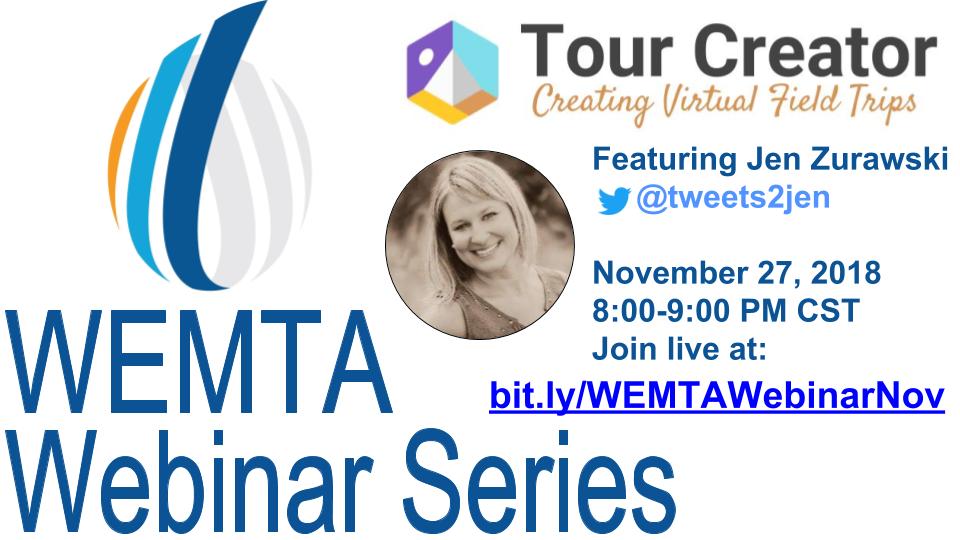 Join us on November 27 @ 8:00 for the next #WEMTA Webinar Series as @tweets2jen shares how to create #VR tours for the classroom! The link to join live is: bit.ly/WEMTAWebinarNov #ARVRinEDU #WEMTA18 #Wischat #FutureReadyLibs