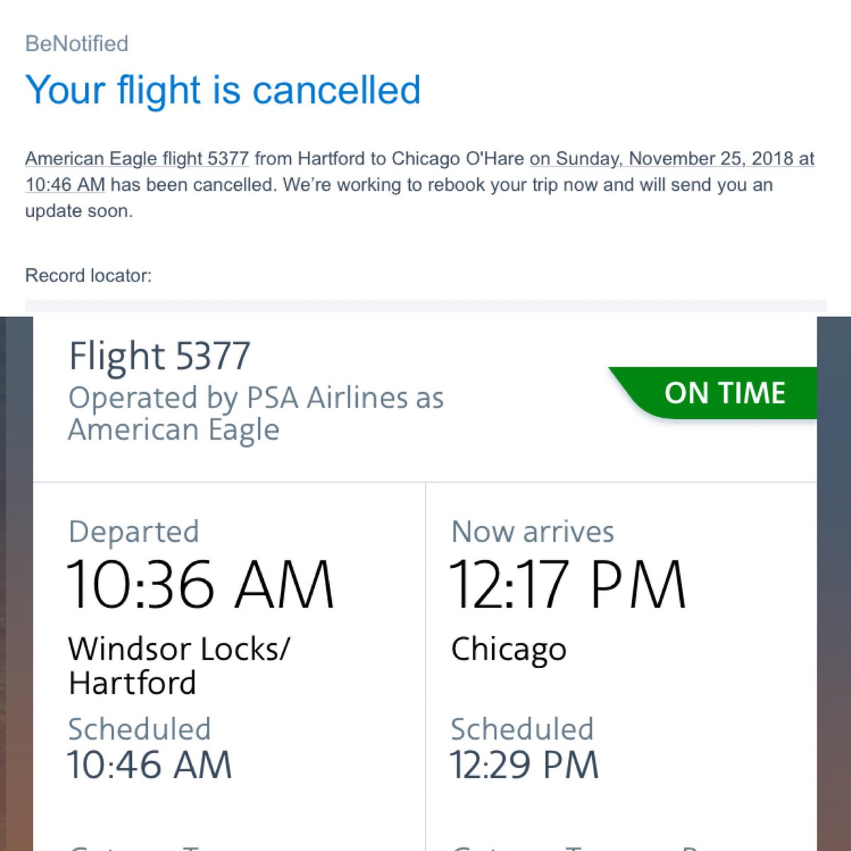 Jenn106's tweet photo. When @AmericanAir contacts you the night before saying your flight is cancelled, rebooks you on a later flight when the weather thru Chicago will be so much worse and then you see your original flight is the air #wtf #lies #travelproblems https://t.co/GnkXFT3iXb