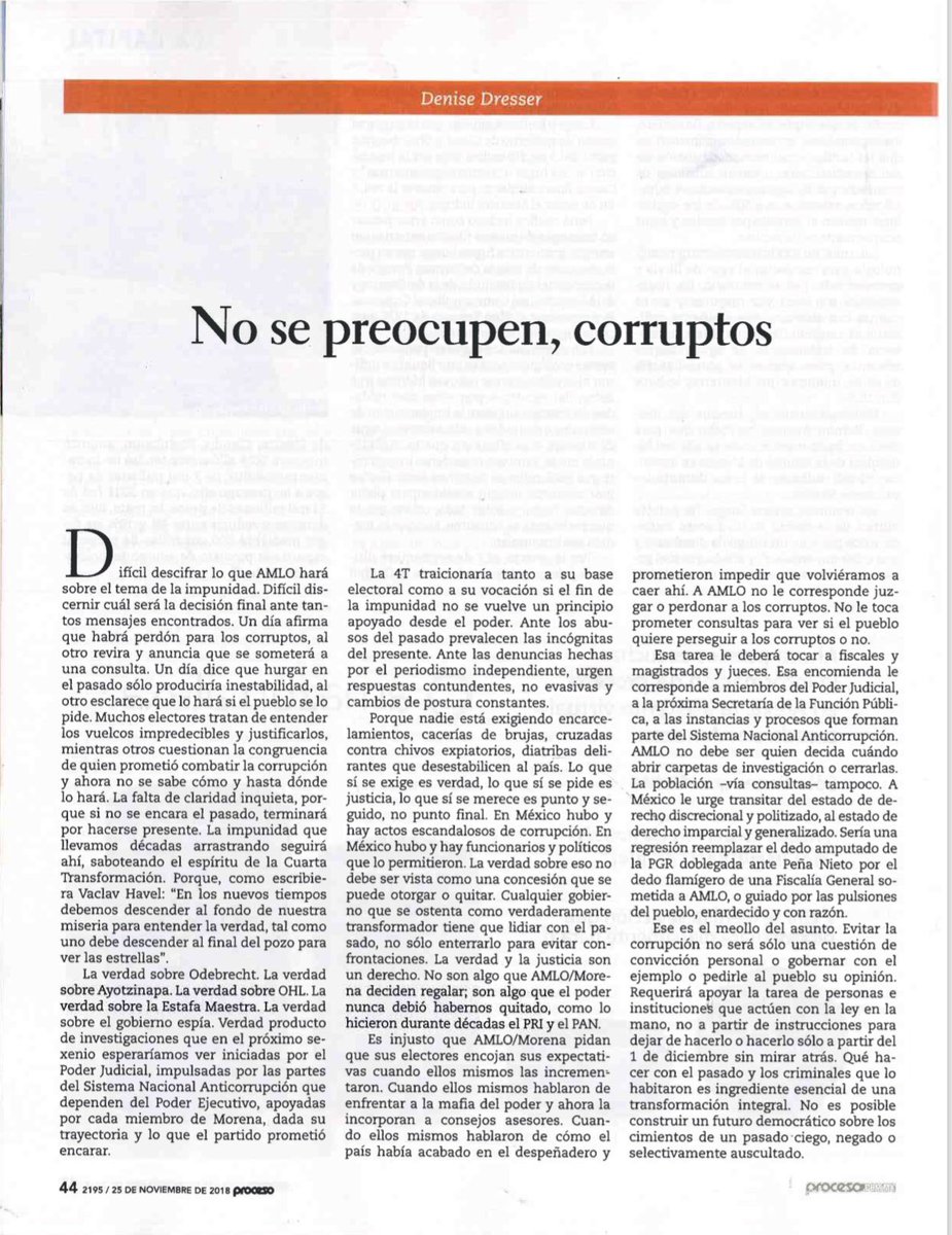 DeniseDresserG's tweet photo. Aquí la portada de @revistaproceso y mi editorial ahí. Nadie está pidiendo encarcelamientos, cacerías de brujas, cruzadas candentes que desestabilicen al país. Lo q sí se exige es verdad, lo que sí se demanda es justicia. No punto final sino punto y seguido con la ley en la mano. https://t.co/euyZI8kcjz