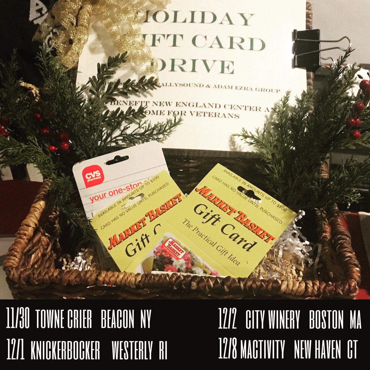 adamezra's tweet image. continuing holiday gift card drive for veterans at these upcoming shows! 
11/30 @TowneCrierCafe 
12/1 #knickerbocker 
12/2 @CityWineryBOS 
12/8 #mactivity
gift cards will help support homeless &amp;amp; newly housed veterans through @NECHV. thanks for joining us this season!! ❤️❄️