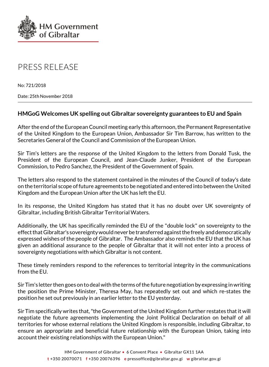 FabianPicardo's tweet photo. In order to leave no doubt whatsoever and ensure utter clarity of the UK/Gibraltar positions, the UK has today responded to the EU Council and Commission declarations, asking that the response be sent to the EU Head of Govt, which includes the Prime Minister of Spain. https://t.co/rhVFbNFZC0