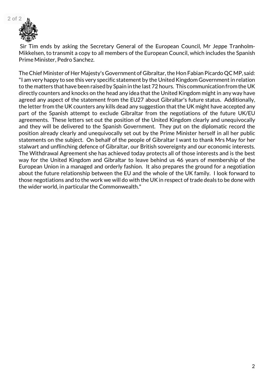 FabianPicardo's tweet photo. In order to leave no doubt whatsoever and ensure utter clarity of the UK/Gibraltar positions, the UK has today responded to the EU Council and Commission declarations, asking that the response be sent to the EU Head of Govt, which includes the Prime Minister of Spain. https://t.co/rhVFbNFZC0