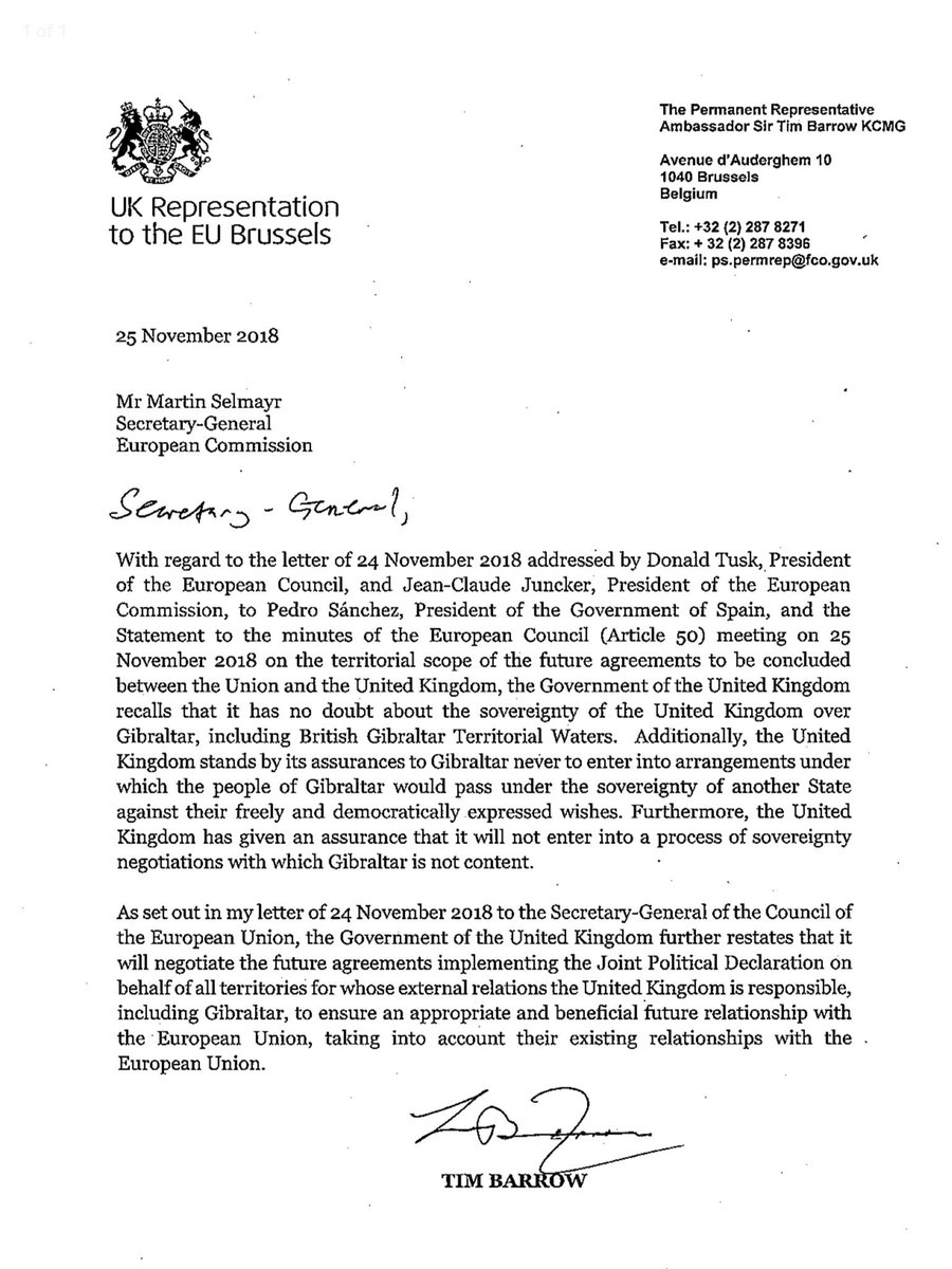 FabianPicardo's tweet photo. In order to leave no doubt whatsoever and ensure utter clarity of the UK/Gibraltar positions, the UK has today responded to the EU Council and Commission declarations, asking that the response be sent to the EU Head of Govt, which includes the Prime Minister of Spain. https://t.co/rhVFbNFZC0