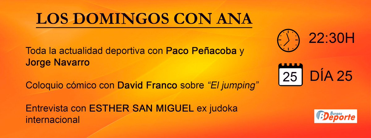 DomingosconAna's tweet photo. Hoy, como cada domingo, a las 22:30h LOS DOMINGOS CON ANA, toda la actualidad deportiva, seguido de un coloquio cómico con @dfrancooficial , y para finalizar una divertida entrevista con @esthersanmi. ¡No os lo podéis perder! https://t.co/o02ouxdviS https://t.co/CkwcnBQtyA