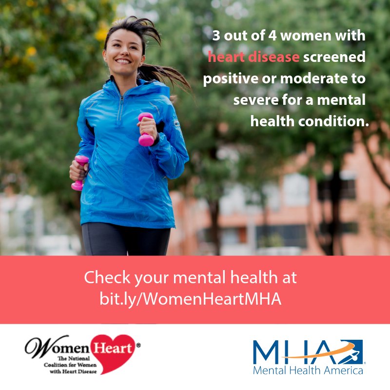 MentalHealthAm's tweet photo. We've partnered with @WomenHeartOrg to reach out to women living with heart disease who may be experiencing #mentalhealth struggles. Take a mental health screen - just like you would for any chronic health condition - at https://t.co/BNnqqu0q35. https://t.co/dm8UKL6XQ7