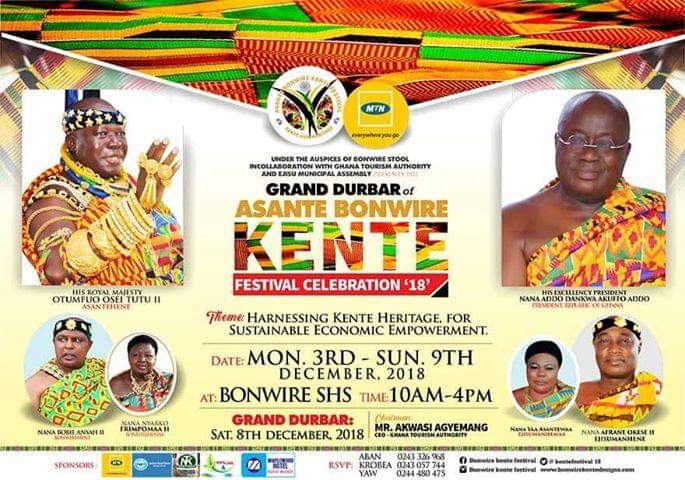 KumasiSocial's tweet photo. T-minus 8 days
*Asante Bonwire Kente Festival *
Activities include a football gala, Kente exhibitions, cross country running and much more!
*December 2rd to the 9th* 9am to 4pm everyday at the Bonwire SHS
#bonwirekente #kumasisocial https://t.co/tKvVi7FMLA