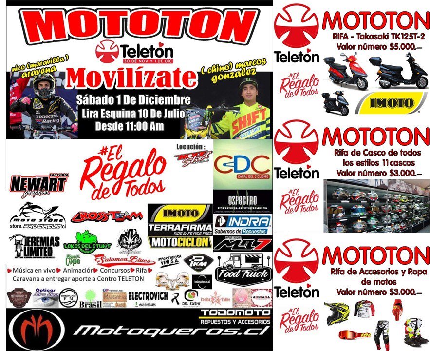 MotoquerosCl's tweet photo. Rifa en apoyo @Teleton  3 Rifas, de 1 Moto gracias a IMoto $5.000.- otra de Cascos $3.000.- y otra de ropa y accesorios $3.000.- Detalles  -> https://t.co/0a4Lt2Tdcm https://t.co/LxQ3bCgklb
