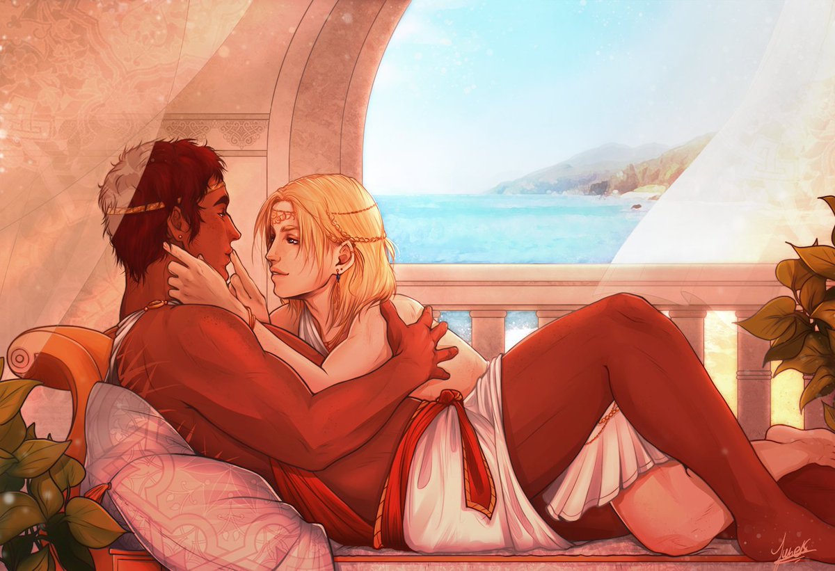 junie_junette's tweet photo. I finally did it ! I've finished my (old) illustration of Laurent of Vere and Damen (or more likely Damianos of Akielos here !) from the beautiful #CaptivePrince books ! I hope you'll like them ! :  ) I'll never be tired of them I think haha. 
#capri https://t.co/wKCan0e4LI