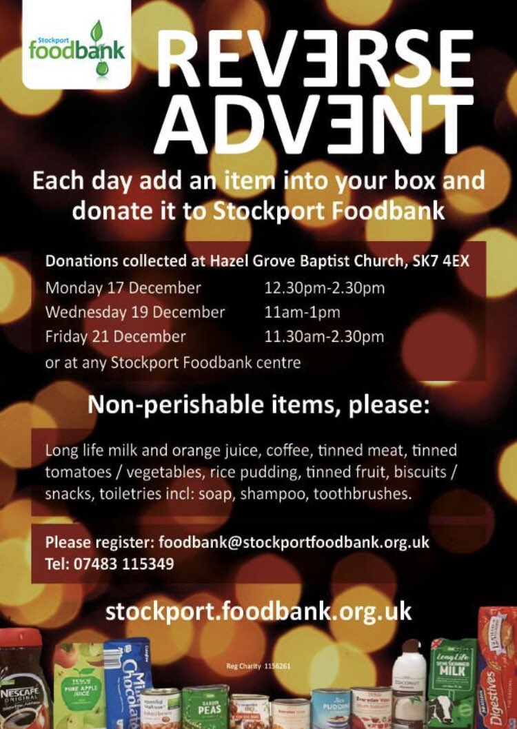 Reverse Advent starts this week – are you set up to support <a href="/Skptfoodbank/">Stockport Foodbank</a> ?
Instead of taking a chocolate from an Advent calendar each day, can you put a daily food item into a box and donate it to those in need as we approach Christmas 🎄❤️ #stockport #advent #christmas