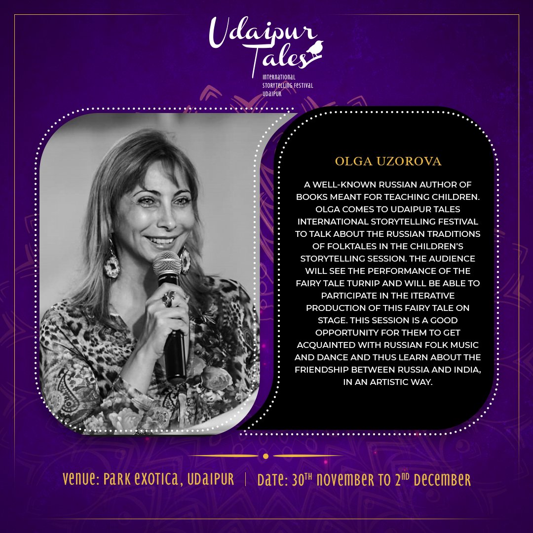 UdaipurTales's tweet image. #UTF2018

Olga Uzorova is a well-known Russian author &amp;amp; comes to Udaipur Tales Int'l Storytelling Festival to talk about the Russian traditions of folk tales in the children’s storytelling session.

Dates: Nov 30- Dec 2'18

Tickets: bit.ly/2PC9d4n