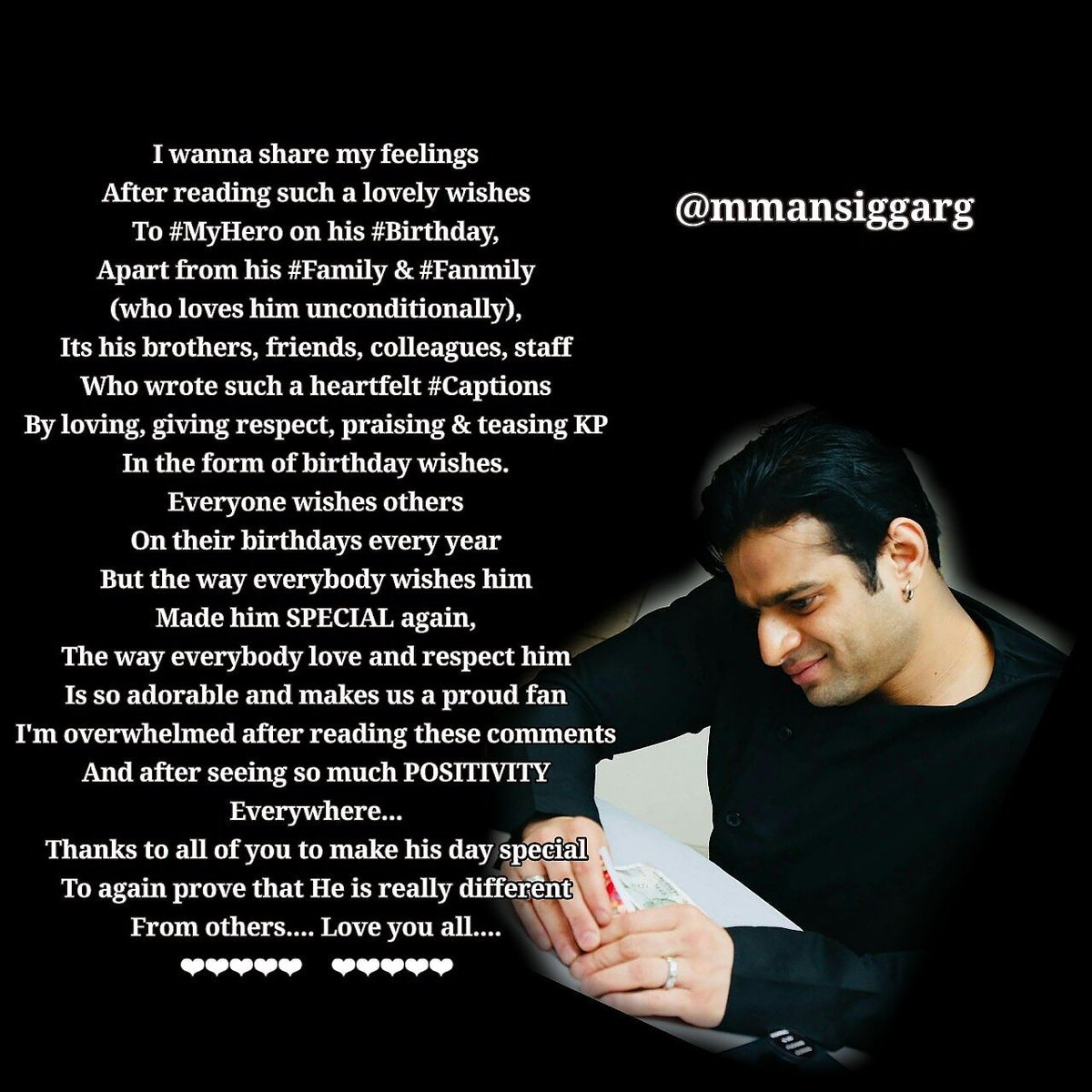 mmansiggarg's tweet photo. My feelings after reading #birthdaywishes for #MyHero #KaranPatel from his brothers, friends, colleagues and staff.. 😘
These are not a simple captions, these are their love, respect, teasing, praisings for him and never seen for anyother. 
He is SPECIAL..
@TheKaranPatel https://t.co/aldID9wyoU