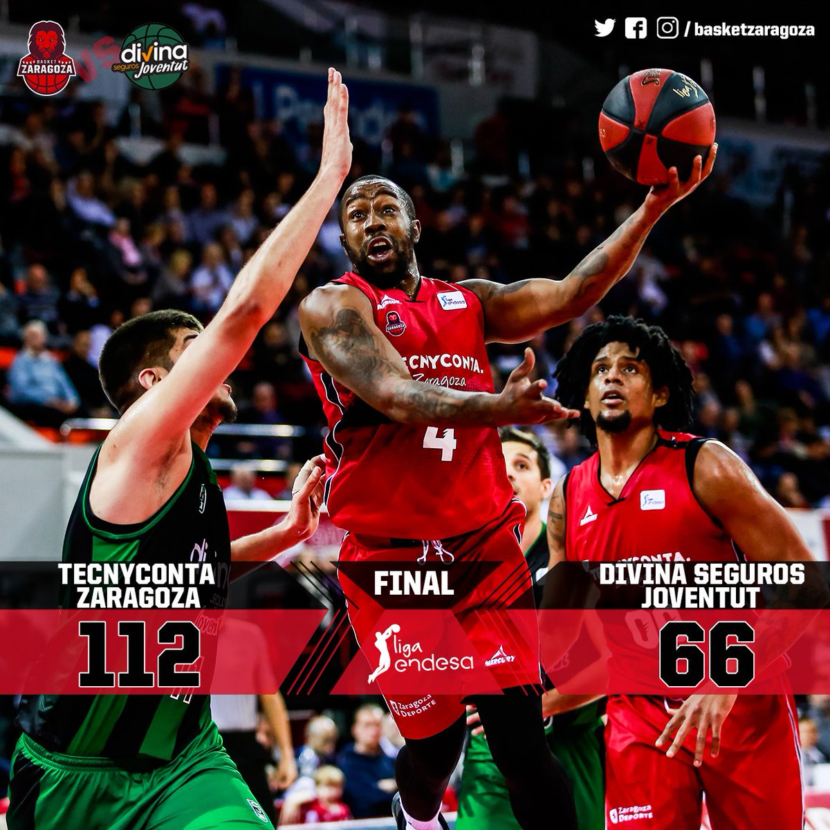 CasademontZGZ's tweet photo. FINAL: #TecnycontaZaragoza 112 🆚 66 @Penya1930 

Cuarta victoria consecutiva, sexta del curso... ¡Y máxima anotación en un partido sin prórroga!

#BKZCJB | #SienteZaragoza🦁 #AúpaT https://t.co/kRDqnM7nnB